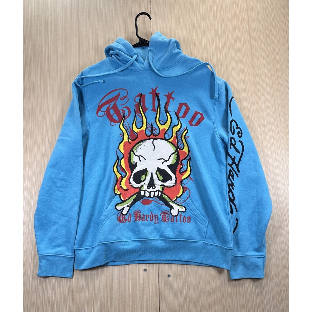 Ed Hardy Hoodie Mens Medium Blue Tattoo Skull Flames Graphic Print Fleece Lined